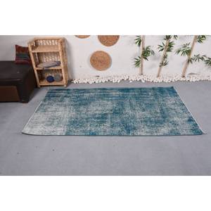 Alfombra turca Vintage moderna de 4,1x7,2 pies, hecha a mano, diseño clásico de retazos rectangulares, látex de poliéster de lana azul para la vida de los adolescentes - Product Image 1