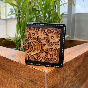 Portefeuille porte-billets personnalisé en cuir véritable fabriqué à la main portefeuille pour hommes à deux volets en cuir véritable portefeuille à motif floral occidental cousu à la main - Product Image 2