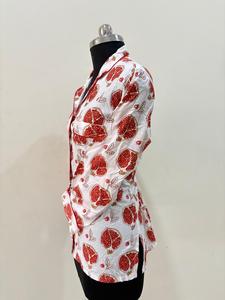 Womens White Cotton Shirt with <b>Red</b> Pomegranate Print Long Sleeve Button Down <b>Top</b> - Product Image 2