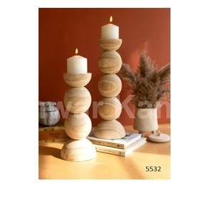Lot de 2 bougeoirs à boules empilées en bois sculptées à la main pour décoration de fête de mariage d'hôtel à la maison - Product Image 1