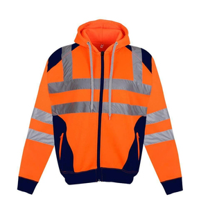 <b>Men's</b> Orange High Visibility Fleece Hooded <b>Jacket</b> With Reflective Stripes Workwear Style Zipper Closure - Product Image 6