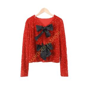 Chaqueta de Lona Acolchada con Lentejuelas y Lazo Brillante para Mujer, Mezcla de Algodón, Estilo Y2K Chic, Top Corto, Ropa Exterior Transpirable Roja - Product Image 5