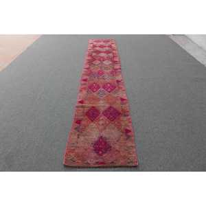 2.4x13.4 ft Vintage Rug, Turkish <b>Runner</b> Rug, <b>Red</b> Blue Moroccan Rug - Product Image 1