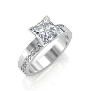 Elegante anillo de compromiso de diamantes de moissanita de corte princesa en oro blanco de 14K con acento de diamante en anillo de joyería de banda - Product Image 4
