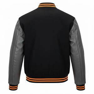 Chaqueta Universitaria para Hombre de Fabricante OEM, Chaqueta Universitaria Personalizada para Hombre, Cuerpo de Lana Negra, Mangas de Cuero Gris, Chaqueta Bomber Universitaria - Product Image 3