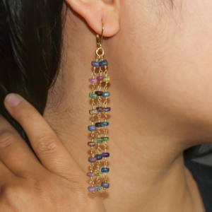 Black Opal 3-Line <b>Dangle</b> <b>Earrings</b> for Women in 925 Sterling <b>Silver</b> Yellow Gold Filled Birthstone Jewelry Wedding Party Gift - Product Image 2