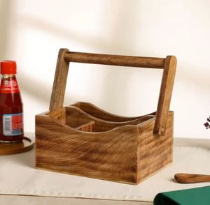 Hot Selling 4 Compartments Wooden Cutlery Holder With Handle For Kitchen Countertop Tabletop Restaurant - Product Image 3