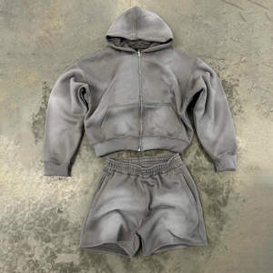 Custom Distressed Embroidery Patch Hoodie Acid Wash Vintage <b>Zip</b> Winter Streetwear Cotton <b>Shorts</b> Tracksuits Jogger <b>Shorts</b> Set - Product Image 3