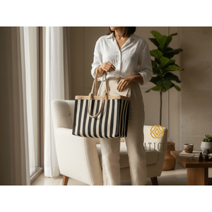 Large Jute and Cotton Tote <b>Bag</b> with Striped Design Open Closure Carry <b>Bag</b> for Summer Shopping and Travel (16x7x13 In) - Product Image 5