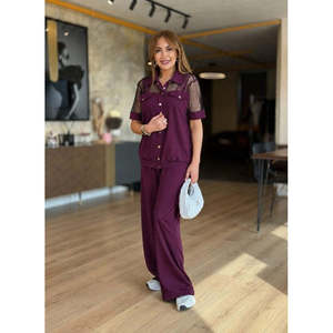 Conjunto de Dos Piezas de Chaqueta y Pantalón Modal con Detalles de Malla y Botones, Modelo Kadin Kisa Kollu Yakali Onu, 37679 - Bordo - Product Image 3