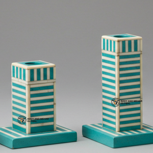 Proveedor indio ofrece juego de portavelas con incrustaciones de hueso azul hecho a mano, candelabro decorativo con patrón de Chevron - Product Image 4