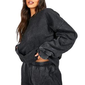 ผู้ผลิตที่กําหนดเองที่กําหนดเองกรดล้างระบายอากาศ Sweatsuit วอร์มผู้หญิงล้างเสื้อกันหนาวหมวก Joggers ชุด 2 ชิ้น - Product Image 1