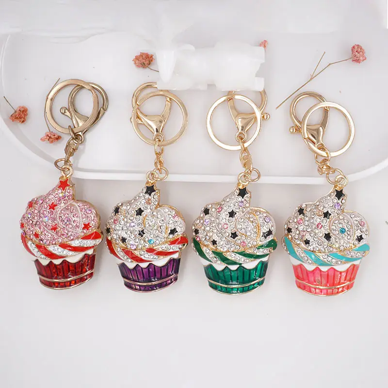 Crystal Bling Rhinestone Cake Keychain Metal ice cream Key chains Keyfob Bag Wallet phone Car Pendant Key ring Cupcake Keychain