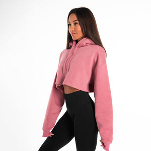 Sudadera con capucha recortada beige con logotipo personalizado al por mayor para mujer, Jersey de manga larga con capucha, ropa informal corta gruesa para gimnasio y deportes de invierno estampada - Product Image 3