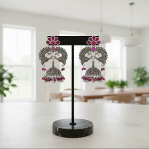 Peacock Design Antique Oxidized Silver Long <b>Jhumka</b> <b>Earrings</b> Fancy Style Party Wear Elegant Designer Jewelry - Product Image 1