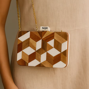 Sac de soirée de luxe fait main, durable, écologique, léger, en bois et résine, motif à pois, avec chaîne bandoulière, logo personnalisé - Product Image 1