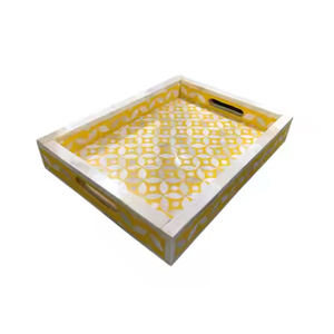 Bandeja de servicio con incrustaciones de hueso indio decorativo duradero hecho a mano amarillo cuadrado para uso doméstico en Hotel Motel - Product Image 1