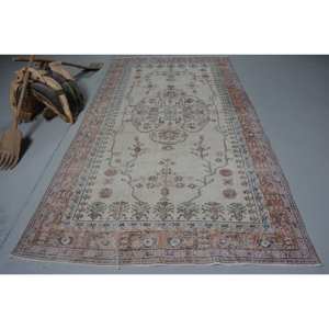 Classic Beige <b>Pink</b> Vintage Turkish Rug 5.4 X 10.2 ft <b>Wool</b> Patchwork Pattern for Teen Living Room Latex Rectangle Striped Hallway - Product Image 1