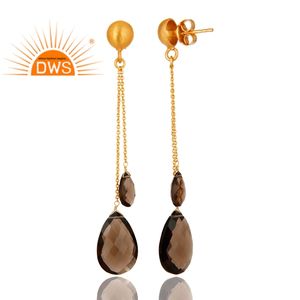 Meilleure vente de boucles d'oreilles en argent sterling plaqué or 18 carats avec pierres précieuses en quartz fumé naturel Demi Fine Jewelry pour femmes - Product Image 3