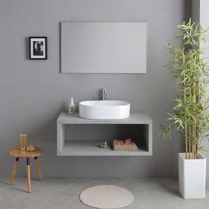 Mobile Bagno Rettangolare Minimalista da Parete in Cemento da 100CM con Lavabo Rotondo Bianco Kos Integrato - Product Image 2