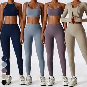 Color sólido Activewear Yoga Set Halter Sports Bra Soft Seamless Leggings Mujeres Conjuntos de entrenamiento Gym Fitness Sets - Product Image 1