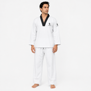 Dobok de Taekwondo Blanco con Logotipo Personalizado, Cuello en V Negro, Ligero, Duradero, Transpirable, de Algodón y Poliéster, Uniforme TKD Unisex para Adultos, OEM - Product Image 5