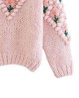 Sweater Rajut Tangan Motif Bunga Pink Lucu untuk Wanita, Hangat, Lembut, Pullover Musim Dingin, Tekstur Bunga, Rajutan Nyaman