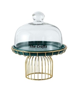 Soporte para servir pasteles de color verde y dorado de metal Soporte para servir chocolate de calidad de lujo con cubierta de vidrio a granel - Product Image 1