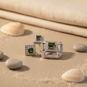 925 Silver Square <b>Stud</b> <b>Earrings</b> <b>Emerald</b> Cut Diamond Green Gemstone Flower Pattern for Women Trendy Wedding Engagement Accessory - Product Image 1