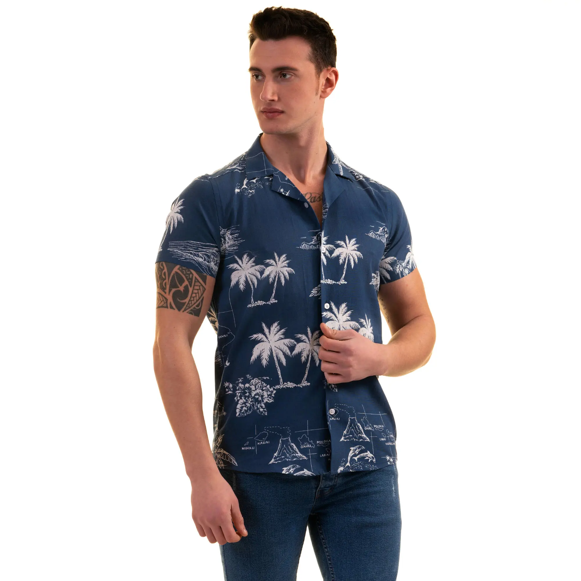 Chemise habillée à manches courtes 100% coton pour hommes à fleurs hawaïennes bleu indigo pour les vacances d'été prêtes en stock