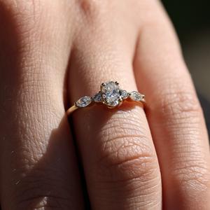 8x6mm Oval Cut Moissanite Engagement Ring with Vertical Accent <b>Stones</b> | Unique Dainty Bridal Jewelry - Product Image 2