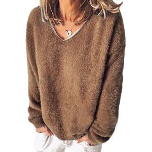 <b>Womens</b> V-Neck <b>Fluffy</b> Sweatshirt Ladies Casual Tops Pullover <b>Jumper</b> Plain Solid Pullover Fleece Long Sleeve Sweatshirt RRI-WSS-25 - Product Image 3