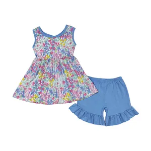 GSSO0547 Floral print blue girls' suit cotton shorts Pretty girls 3-10 year old girl dress