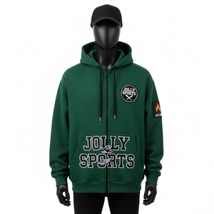 Sudadera con Capucha Premium de 350 GSM con Cremallera, Felpa Suave de Algodón y Poliéster, Color Verde, Parche Frontal con Bordado, Logotipo Personalizado, Sudadera Básica con Cremallera - Product Image 1
