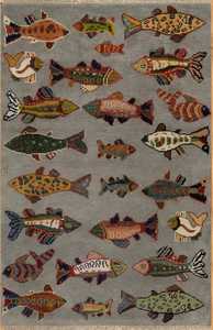 Alfombra de pescado de lana hecha a mano | Alfombra de tema náutico de terracota | Diseño marino de arte popular | Estera de área de decoración costera para el hogar Trc_9064 - Product Image 3