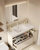 Mueble de Baño Moderno Flotante con Chapa de Madera, Espejo LED, Lavabo Doble y Encimera de Piedra Sólida