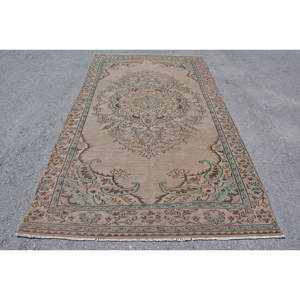 Tapis Turc Vintage Traditionnel Beige Bleu 5.3 X 9.7ft Fait Main Laine Patchwork Design Abstrait Rectangle Motif Peluche Latex - Product Image 1