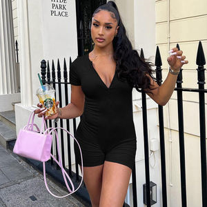 Spring Summer Patchwork Color <b>Short</b> Sleeve Button Turndown Collar Knitted Bodysuit <b>Women</b> One Piece <b>Jumpsuit</b> - Product Image 1