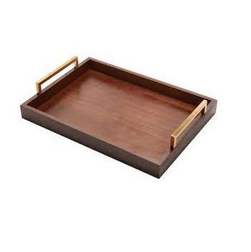 Large Rectangular Wooden Serving Tray Gold Metal Handles Walnut Border High Quality Modern Fruit Design for Wedding Occasions