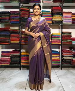 Sari en lin pur de qualité supérieure Royal Purple, élégant, pour femmes, tissu doux et luxueux, look traditionnel d'Inde - Product Image 2