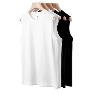 Vintage 100% Cotton <b>Men's</b> Gym <b>Singlet</b> Sleeveless Compression Crop Workout Tank Top O-Neck Solid 160g Breathable Knitted Casual - Product Image 2