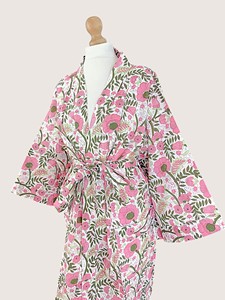 Bata con estampado floral para mujer, cuello en V, manga tres cuartos, largo hasta la rodilla, 100% algodón, suave, informal, para primavera, con cierre de cordón - Product Image 3