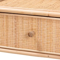 Élégante étagère de présentation moderne en rotin avec tiroir de rangement, idéale pour organiser la chambre à coucher et la décoration bohème.