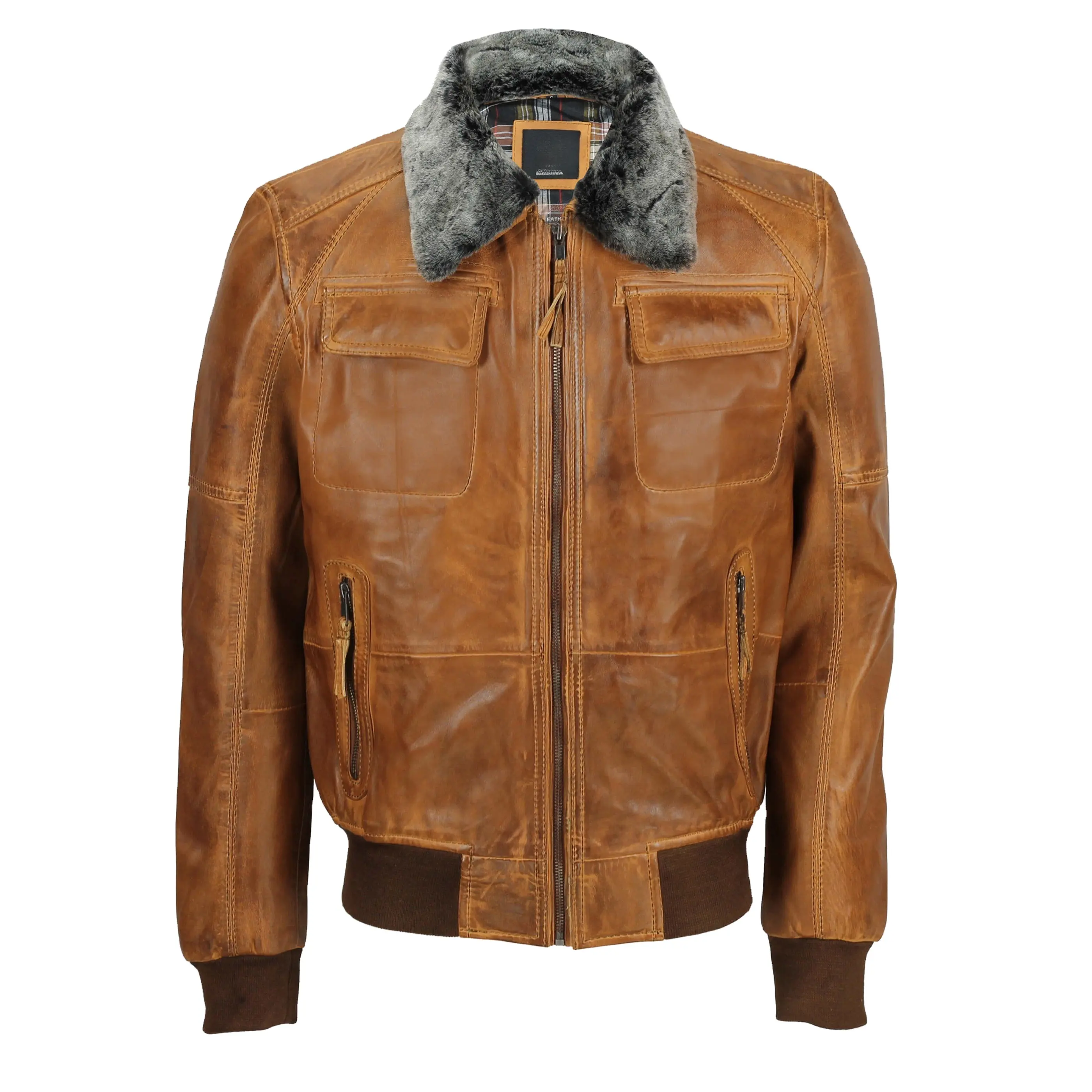 Elegant Caramel Leather Jacket with Fur Collar Men's Genuine Leather Jacket with Zip Detailing Breathable Leather Coat