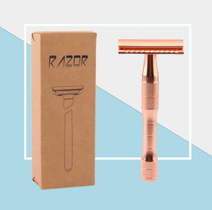 เครื่องโกนหนวดไฟฟ้าแบบโรสโกลด์ใบมีดสองด้านพร้อมด้ามจับทองเหลืองสำหรับกำจัดขนผง - Product Image 1