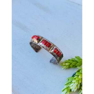 Vintage Navajo Fashion <b>Cuff</b> <b>Bracelet</b> Handmade with Coral & Sterling <b>Silver</b> - Product Image 3
