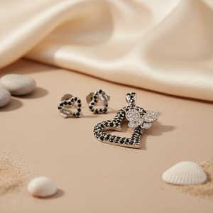 925 Silver Fashion Jewelry <b>Set</b> with Black Gemstone Heart Pendant & Earrings for <b>Women</b> - Product Image 1