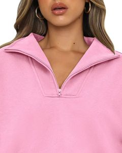 Sudadera con Capucha Rosa de Media Cremallera para Mujer, Sudadera Holgada de Felpa Suave con Cuello Alto, Ropa de Invierno Acogedora, Estilo Casual, Cómoda con Bolsillo - Product Image 4