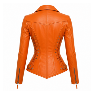 Veste moto en cuir véritable Orange pour femme, manches longues, fermeture éclair, style corset à lacets, vêtements d'automne et d'hiver - Product Image 3