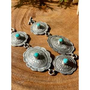 Handmade Navajo Kingman Turquoise & Sterling <b>Silver</b> Flower Concho Link <b>Bracelet</b> - Product Image 3